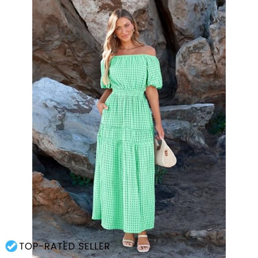 Off Shoulder Smocked Maxi Dress Flowy Boho Summer Casual Puff Sleeve - Picture 2 of 7